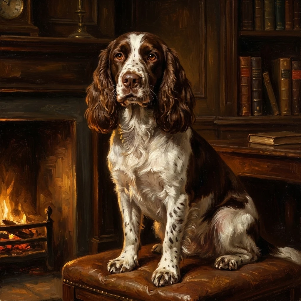 Hunting Lodge Father's Day portrait — springer spaniel by the fire