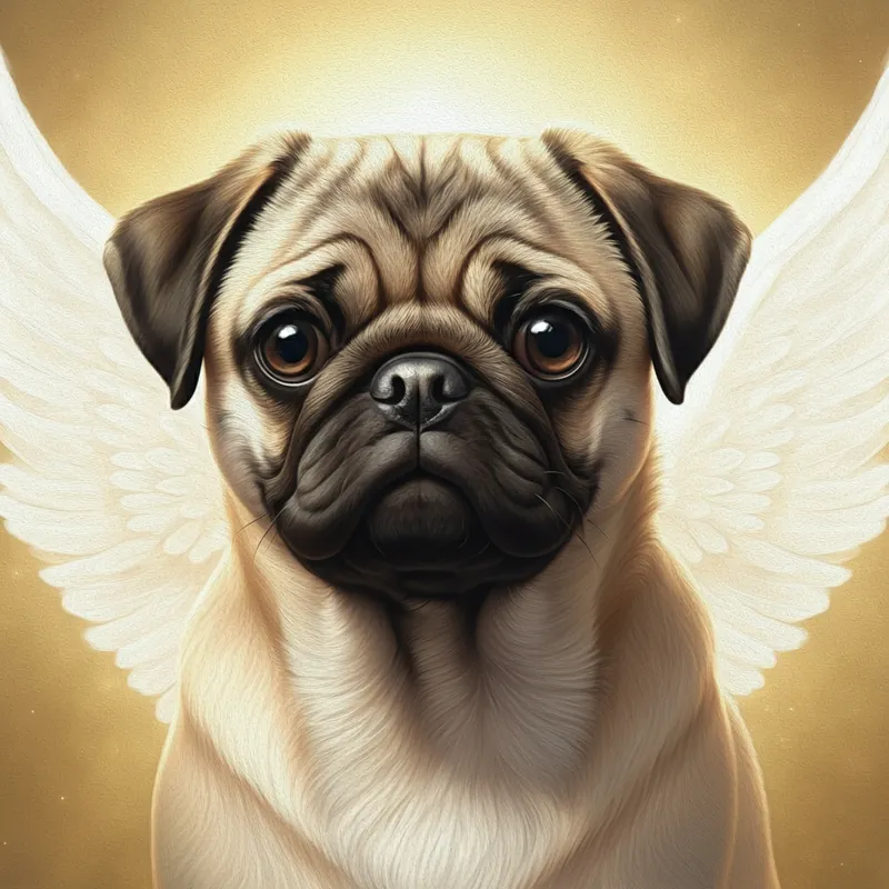 Pug memorial portrait in Angel Wings style