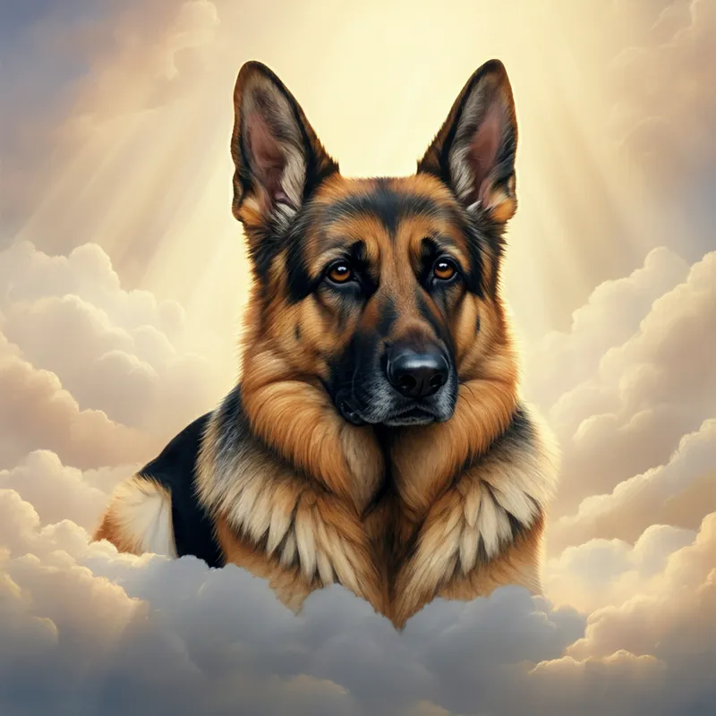 German Shepherd memorial portrait in Heaven Clouds style