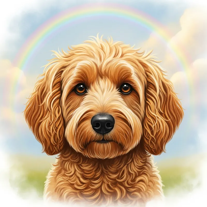 Goldendoodle memorial portrait in Rainbow Bridge style